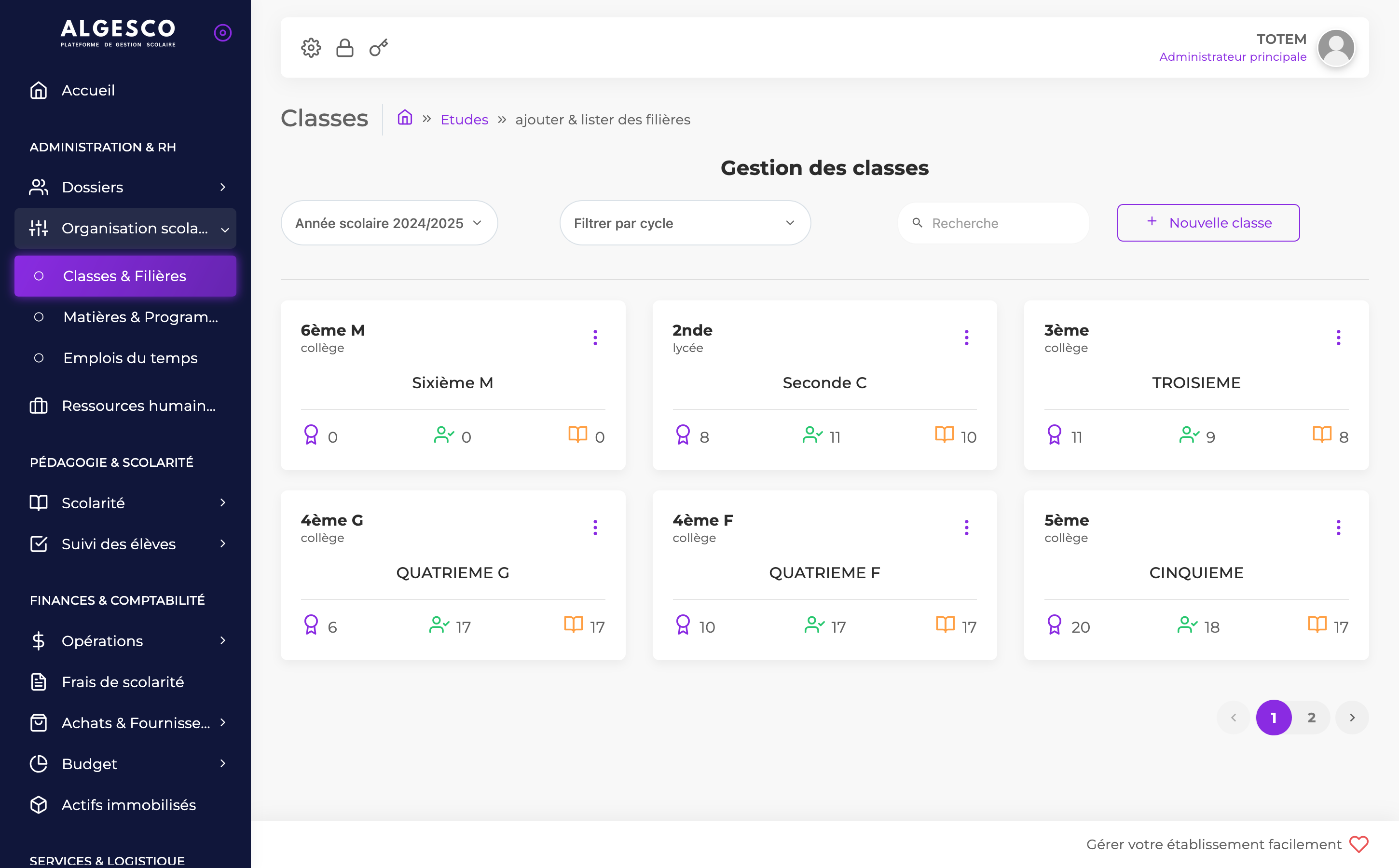 Aperçu de l'interface - Liste des classes
