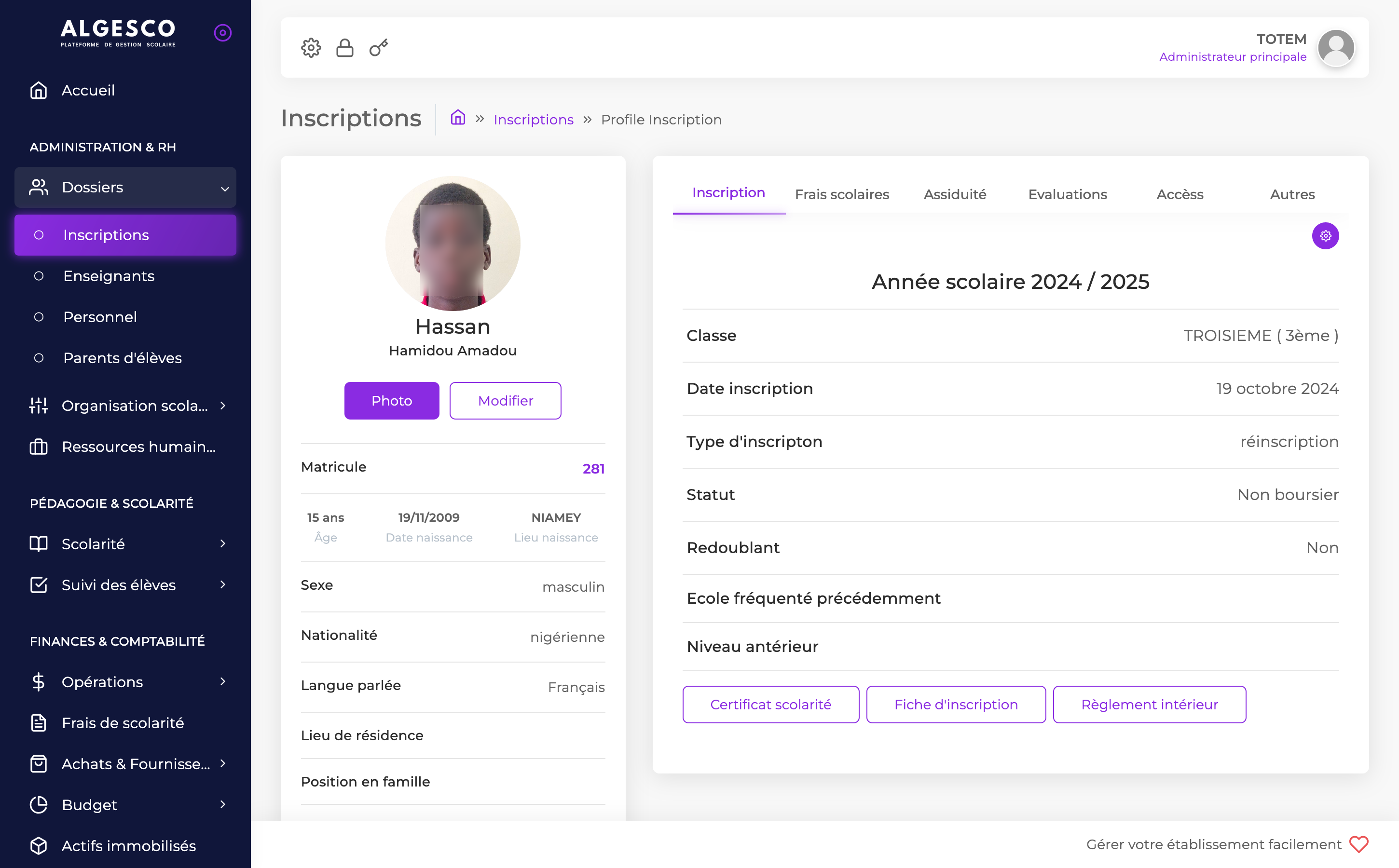 Aperçu de l'interface - Profile d'un élève