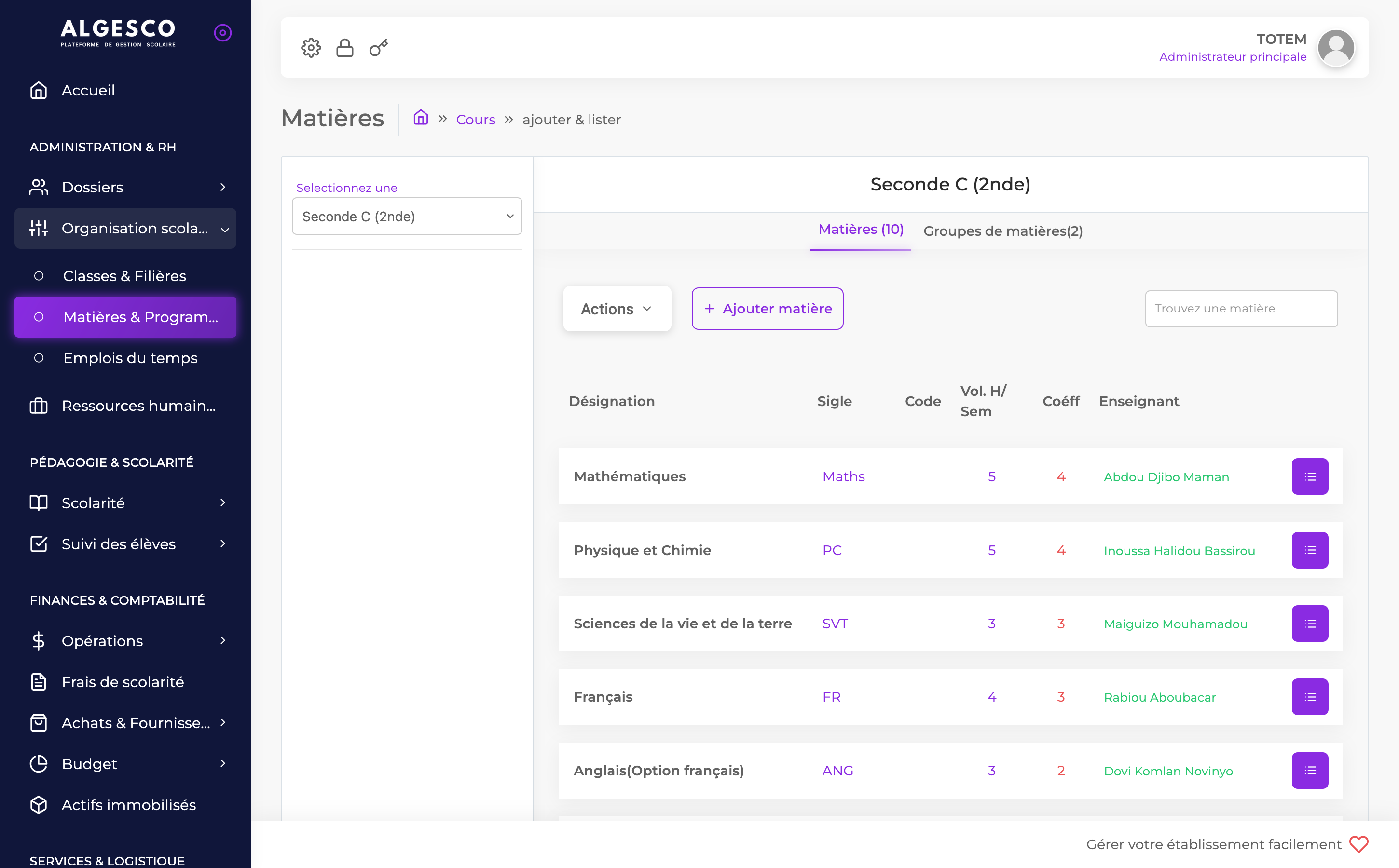Aperçu de l'interface - Liste des matières